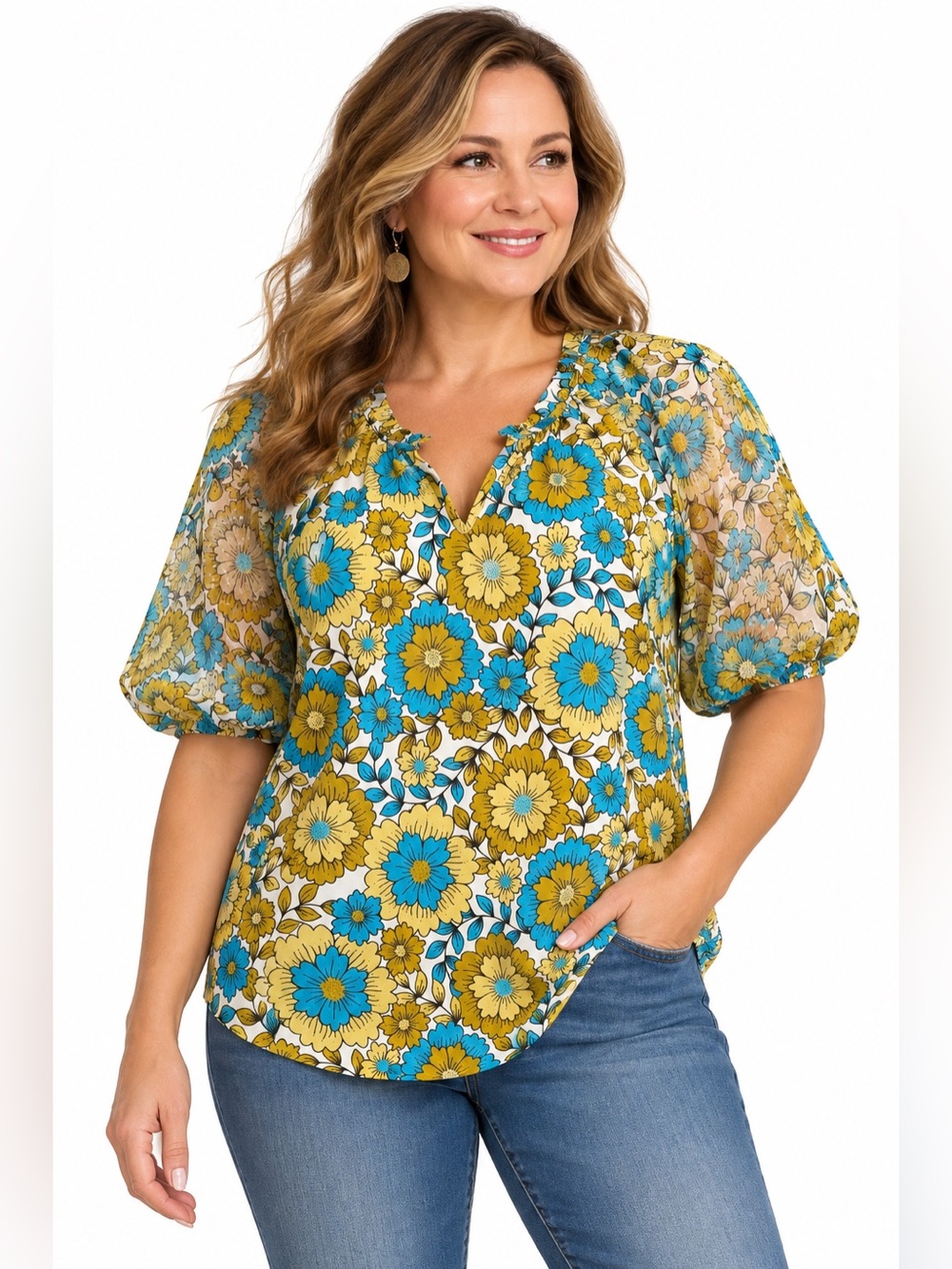 𝘾𝙖𝙩𝙤 Floral Top Blouse Medium Blue Yellow Sheer Sleeve Ruffle Neck Retro Boho